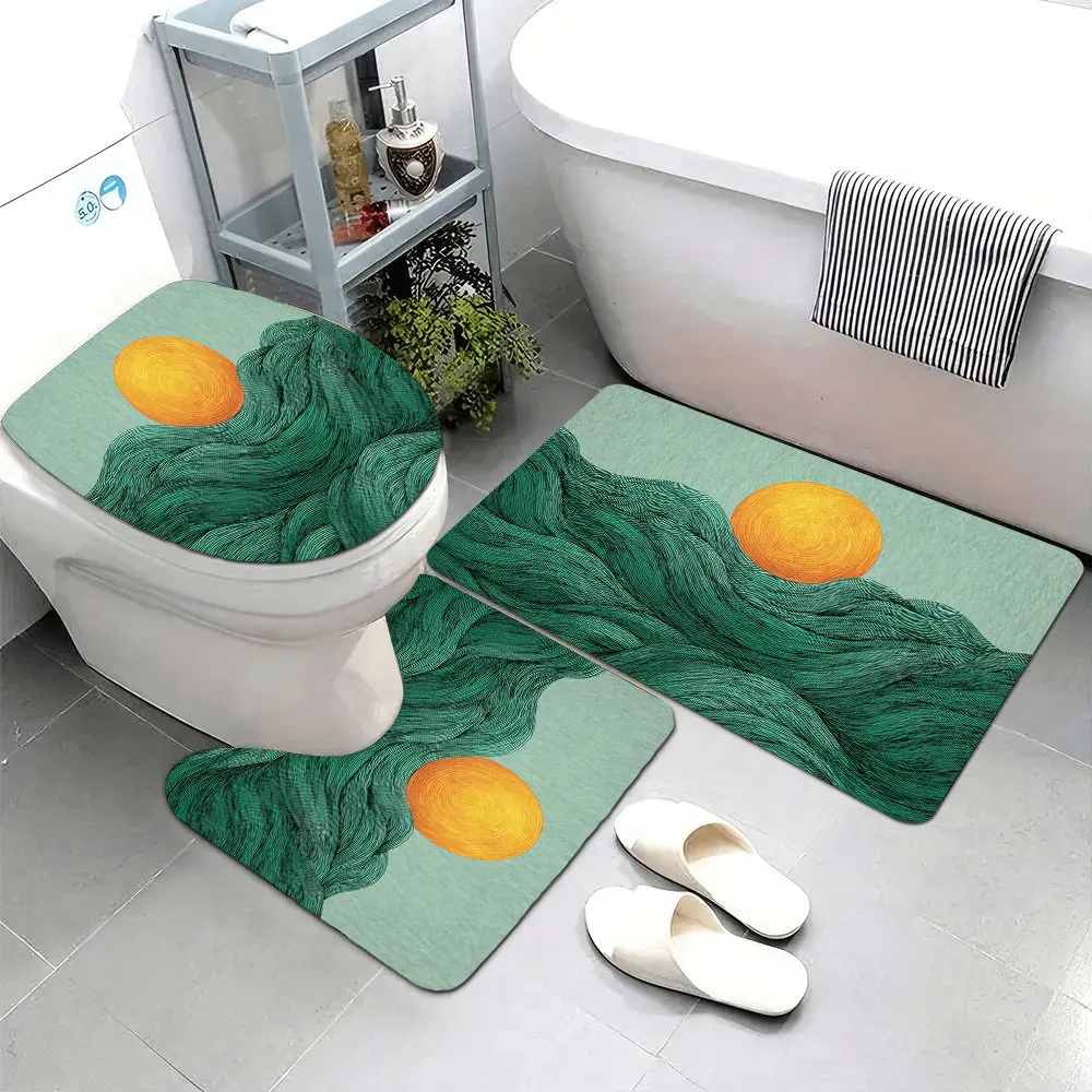 

Набор из 3 супермягких ковриков для ванной комнаты, с противоскользящей основой, с рисованной вручную иллюстрацией заката солнца над зеленым океаном.
