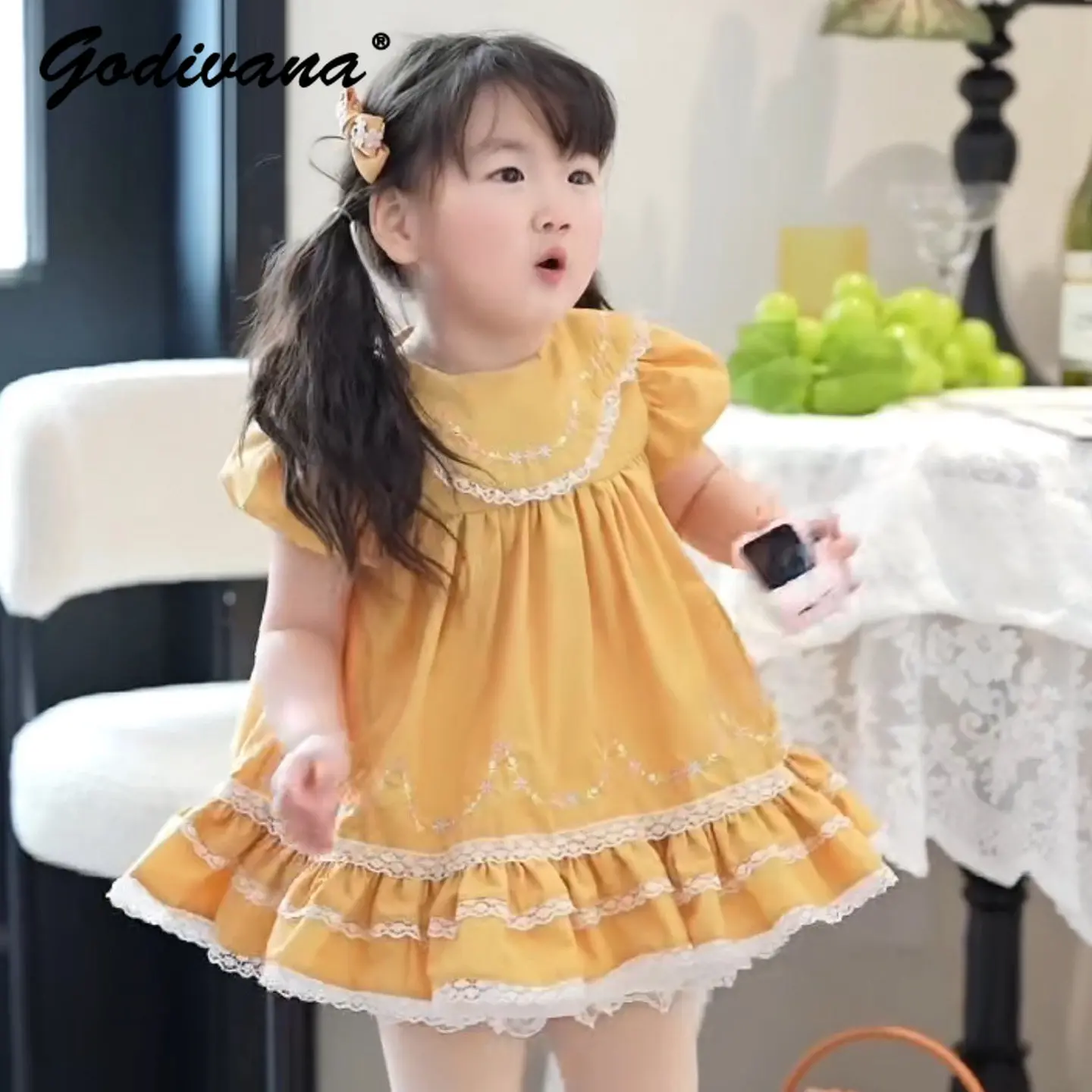 Original Sweet Baby Girls Vintage Fashion Casual Dress 2026 Summer New Kids High End Embroidery Lace Trim O-neck Daily Dress