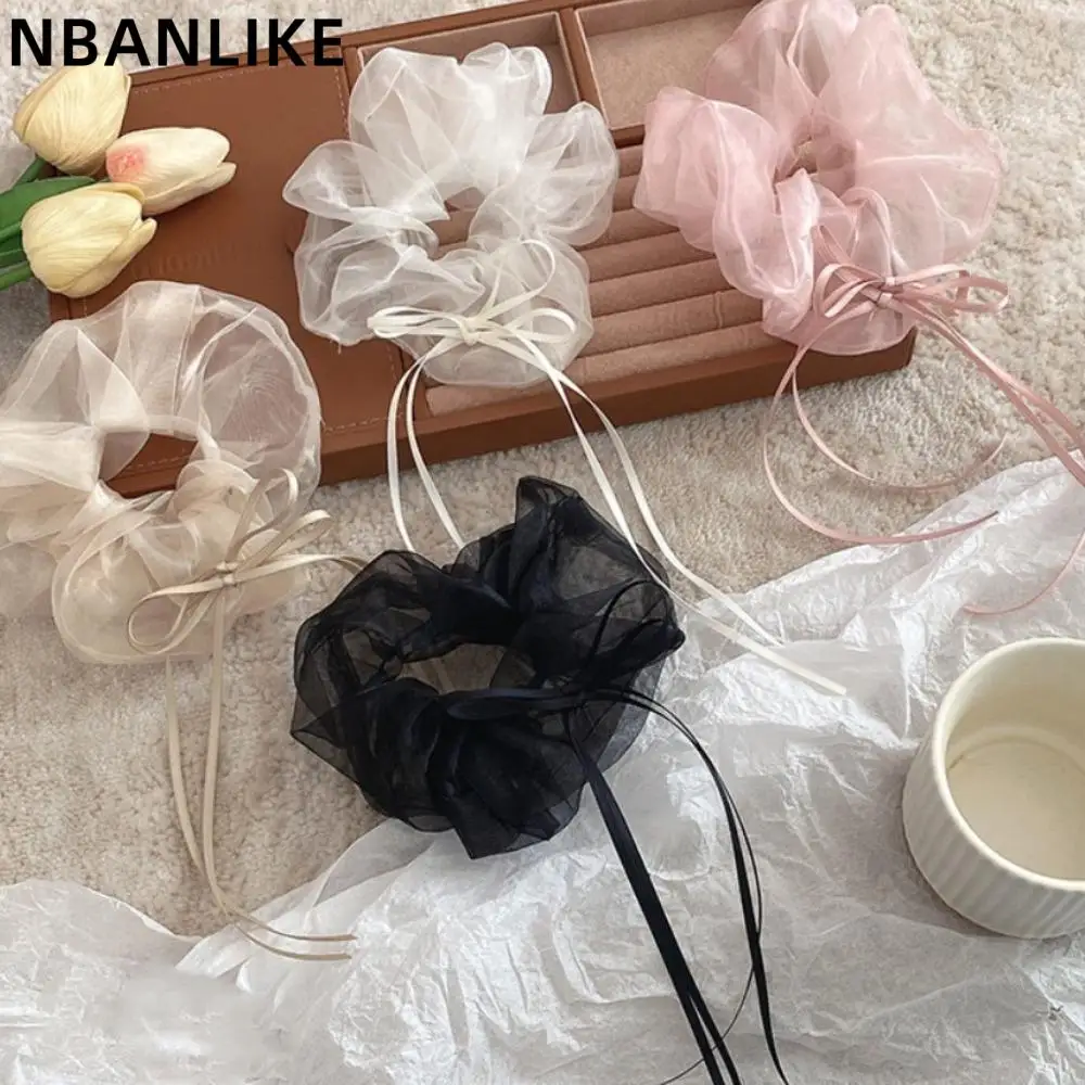 Kleurrijk Lang Lint Strik Scrunchies Ruche Ontwerp Organza Haar Cirkels Elastische Haarbanden