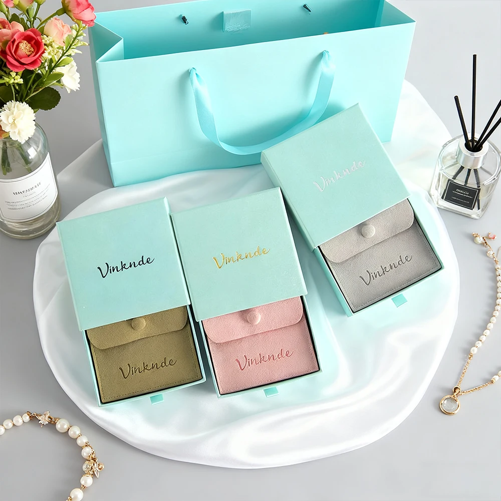 

7x7x1.7cm Blue Slid Drawer Paper Jewelry Box Earrings Necklace Bracelet Display Package Boxes Custom Logo Microfiber Snap Bag