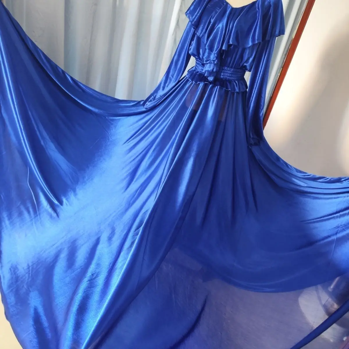 Robe longue en Satin brillant pour femmes, longueur 360 degrés, 2m, à volants, Maxi, robes élégantes, vêtements de nuit