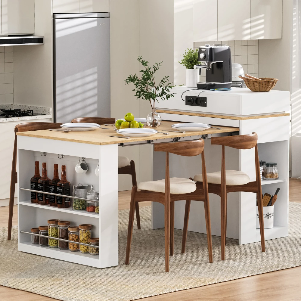 Îlot de cuisine sur roulettes, table à manger extensible avec plateau pliable, table de bar avec prises électriques et crochets, sert de îlot de cuisine, de buffet ou de table de bar pour cuisine et salle à manger (Blanc)
