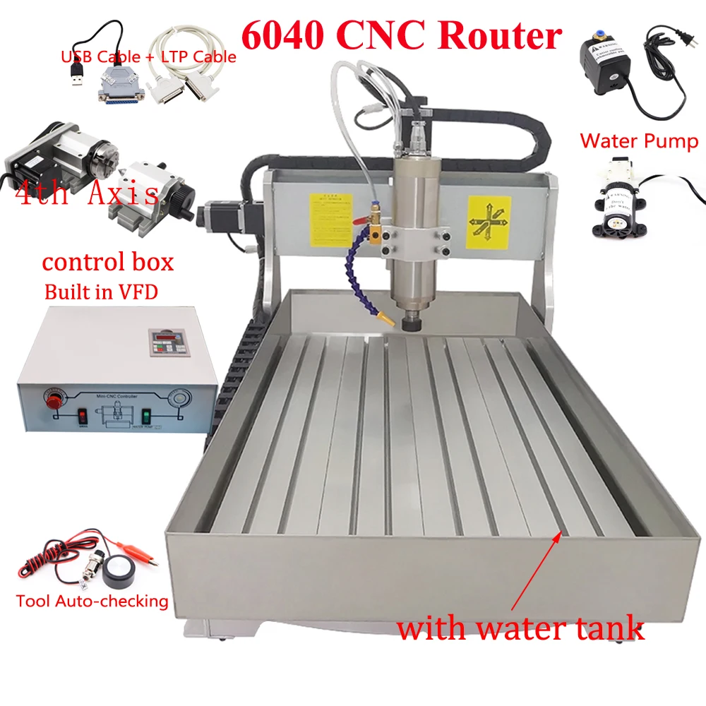 Diy CNC 6040 4 Axis Upgrade Water Cooling 2200W Metal Router LTP USB Wood Engraving Milling Machine Z Axis 150mm PCB Engraver