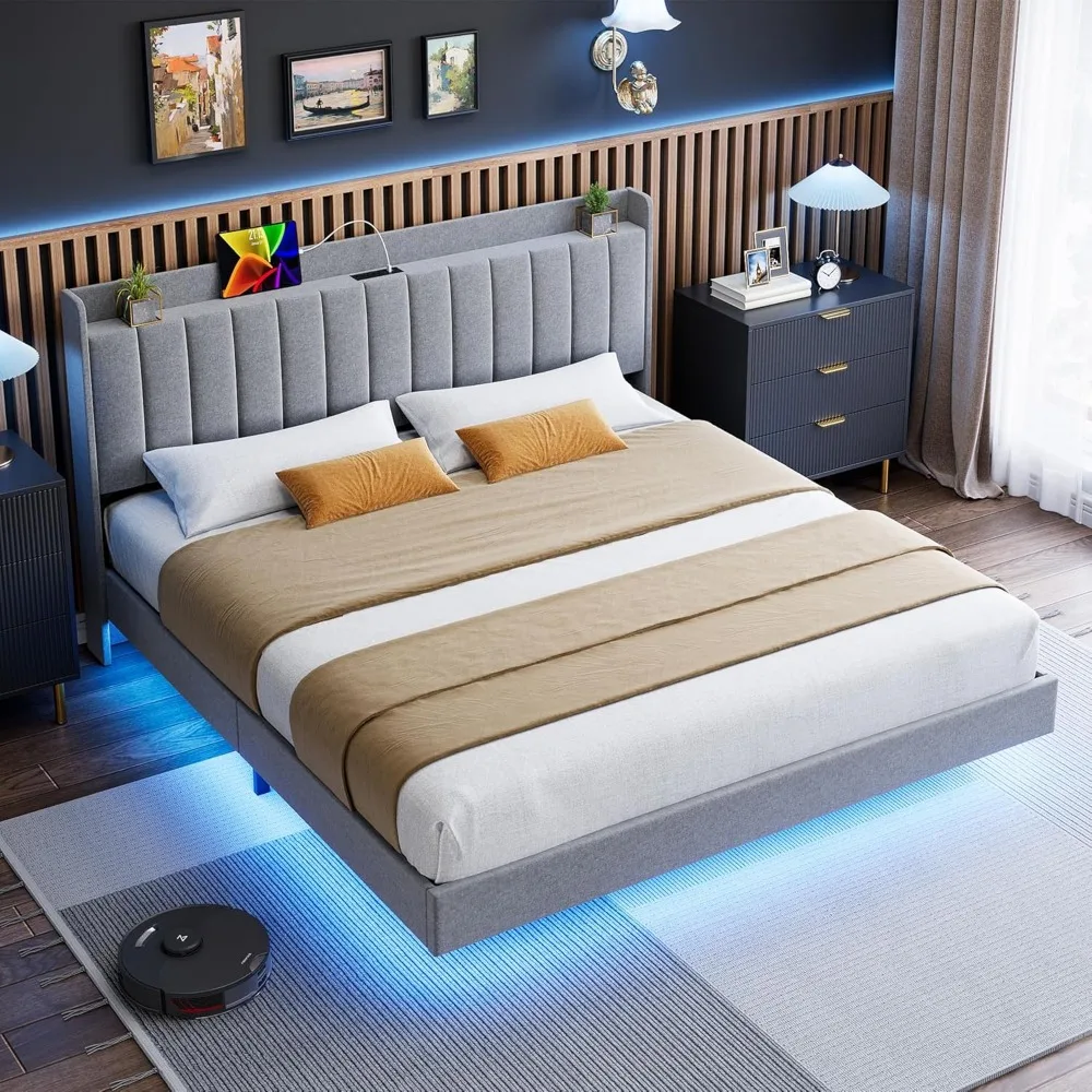 

Queen Floating Bed Frame with Charging Station & Storage Headboard, Upholstered Platform Queen Size Bed Frame with LED Lights