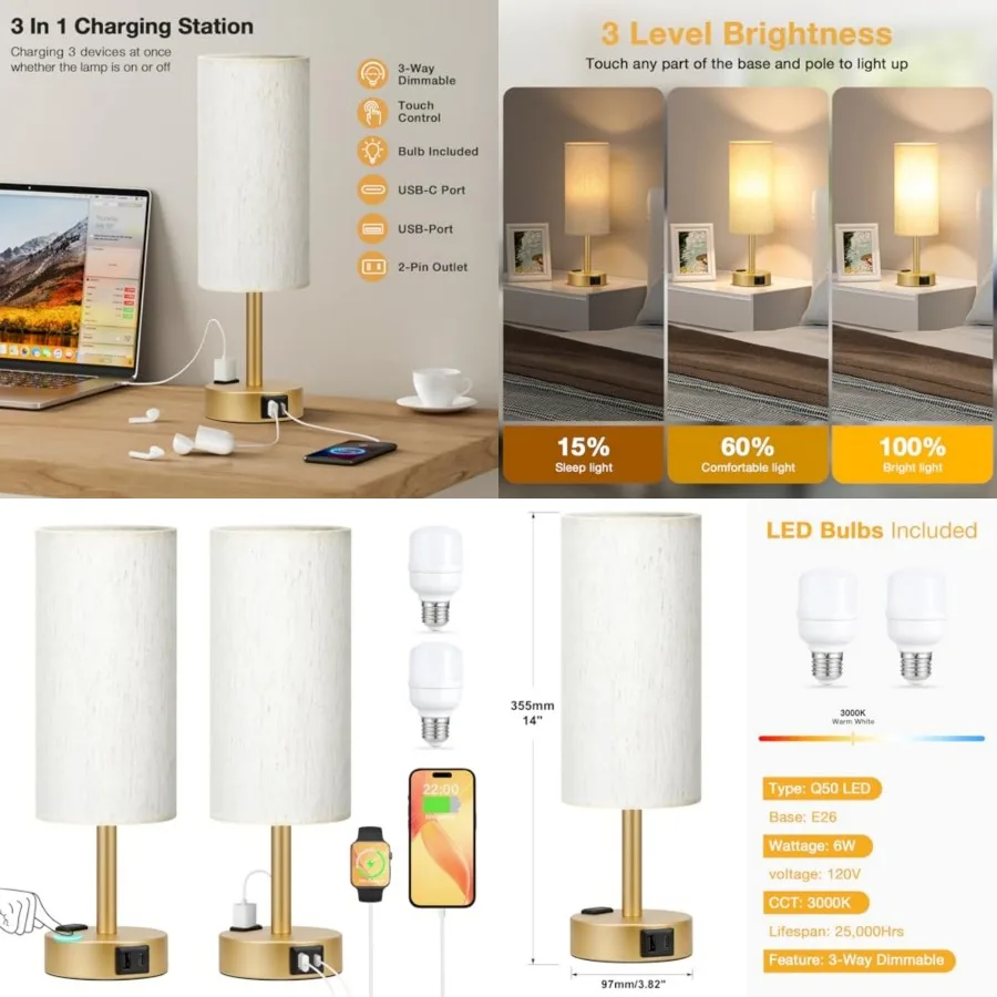 

Gold Touch Table Lamps Set - 3 Way Dimmable Bedroom Lamps with USB C and A Ports, Small Lamps for Nightstand with AC Outlet, Ro