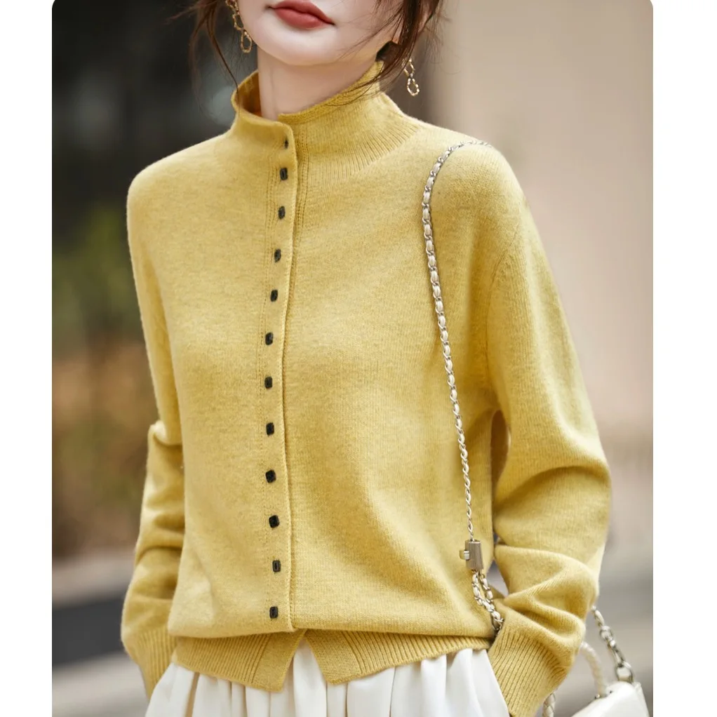 Slimming Knitted Sweater Coat Half High Collar Soft Polyester Blend Long Sleeve Autumn Winter New Style Brand Outlet Goods