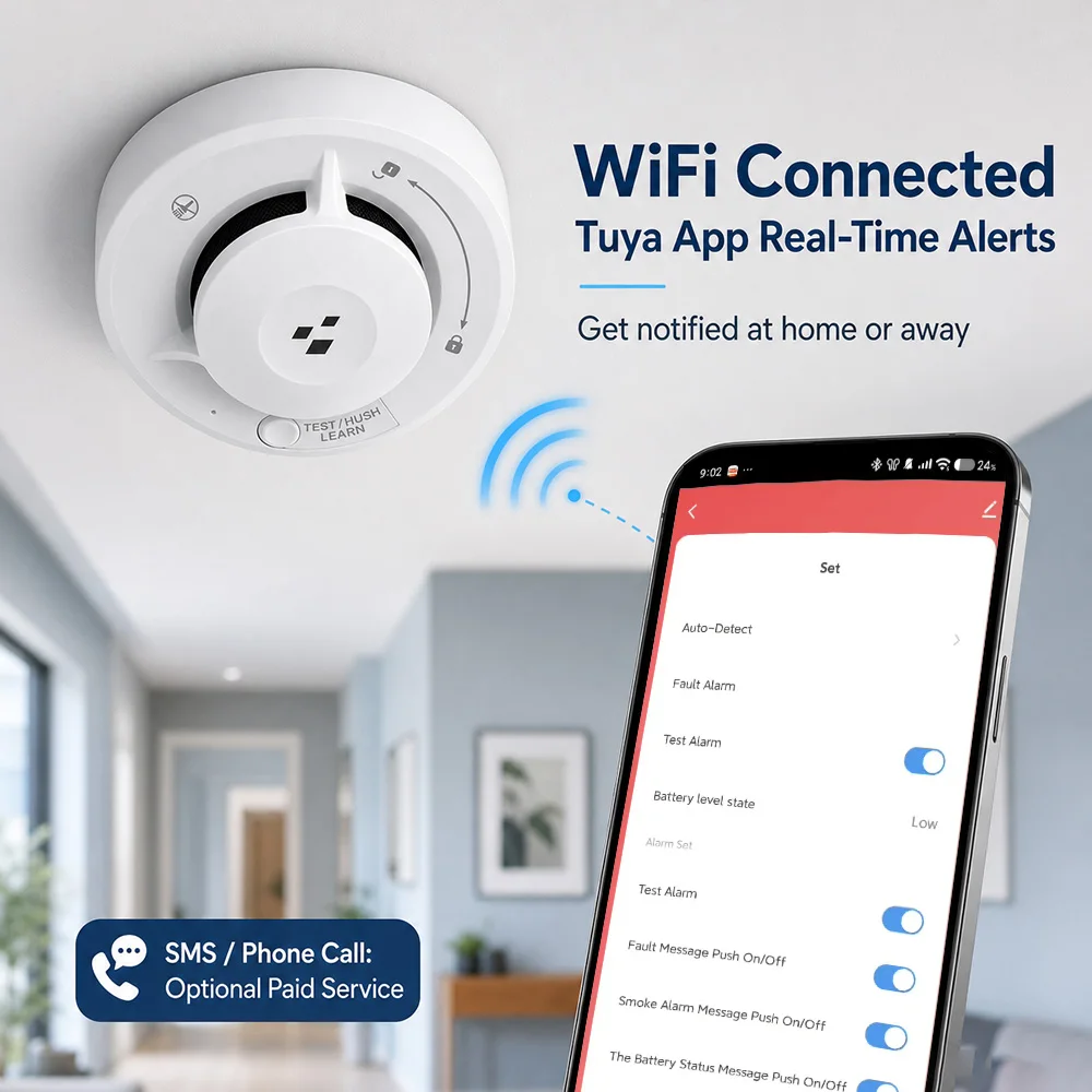 CCEsafety Tuya Wifi Smoke Detector Photoelectric Smoke Sensor 85dB Fire Alarm with AA Battery Work With Tuya App For Smart Home