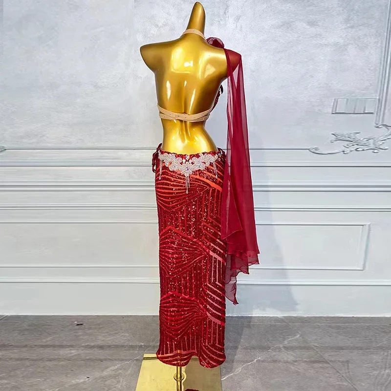 Oriental การแข่งขันเต้นรําเสื้อผ้า Belly Dance ชุดเพชร-Studded สลิง Bra แยก Big Swing กระโปรงประสิทธิภาพเสื้อผ้าชุด