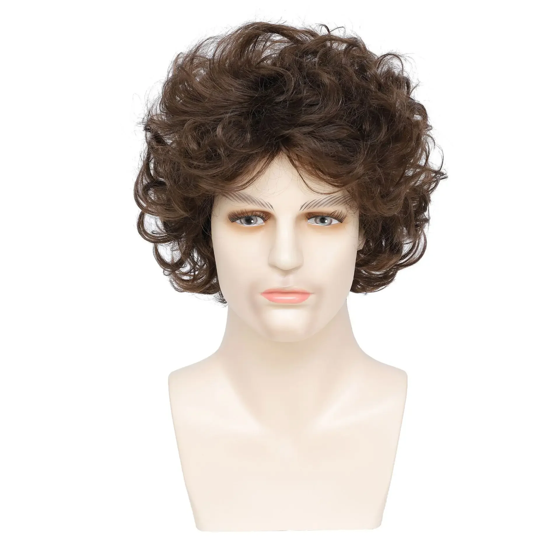 Synthetic Men Brown Curly Wig With Bangs Realistic Looking For Male Party Daily Use Heat Resistant Fiber