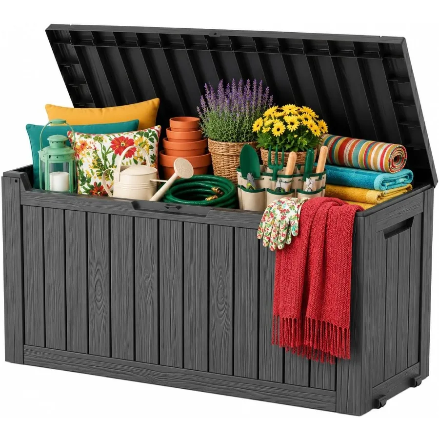 Outdoor Storage Box for patio use, made of weather-resistant polypropylene, charcoal gray color, features lockable lid and vent