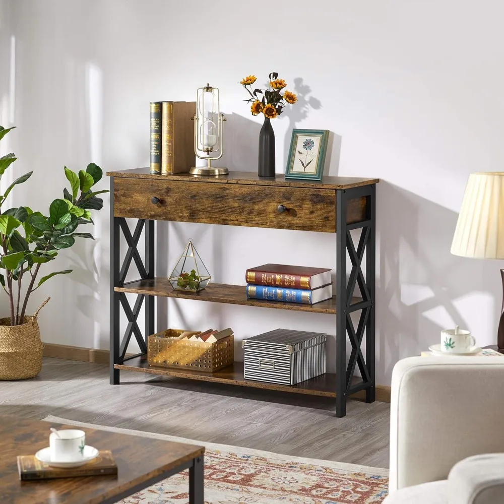 طاولة كونسول بنية ريفية مع درج، أرفف تخزين من 3 طبقات للمدخل، غرفة المعيشة، المدخل #6