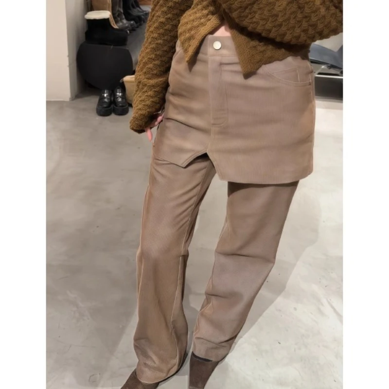 American Retro Corduroy Brown Women's Skirt Pants 2025 Winter New Loose Splicing Design Versatile Straight-Leg Trousers Ladies