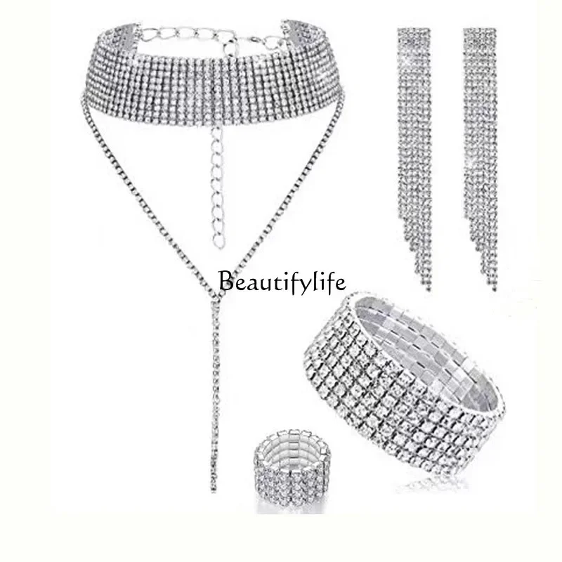 

European and American fashion accessories, full of diamonds, ring earrings 4-piece set