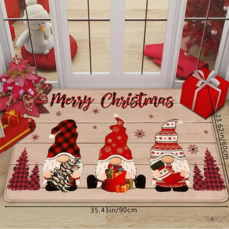 VIKAMA Three Gnomes Door Mat Merry Christmas Print Non Slip Rug For Entryway Front Door Indoor Outdoor Xmas Decor