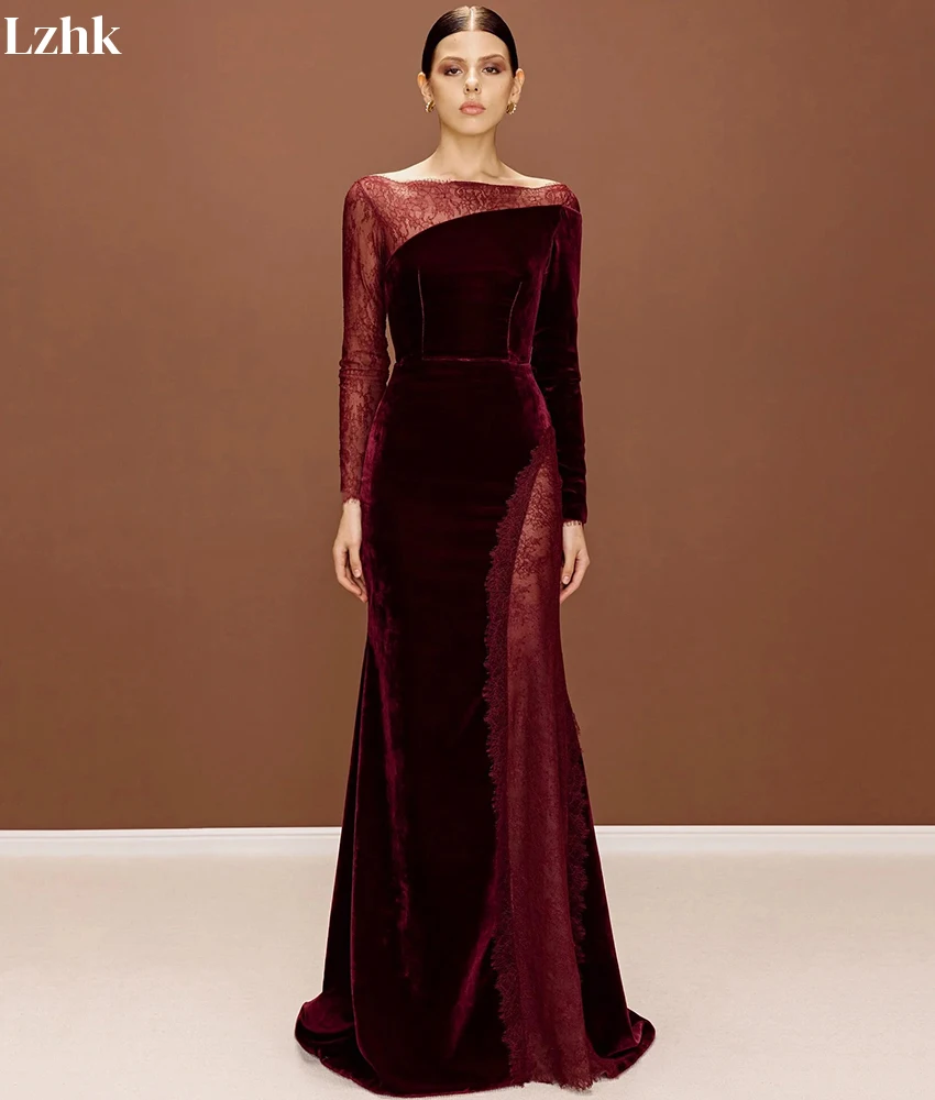 Сексуальное бархатное кружевное вечернее платье русалки по индивидуальному заказу, темпераментное вечернее платье с круглым вырезом и длинными рукавами длиной до пола, индивидуальный размер