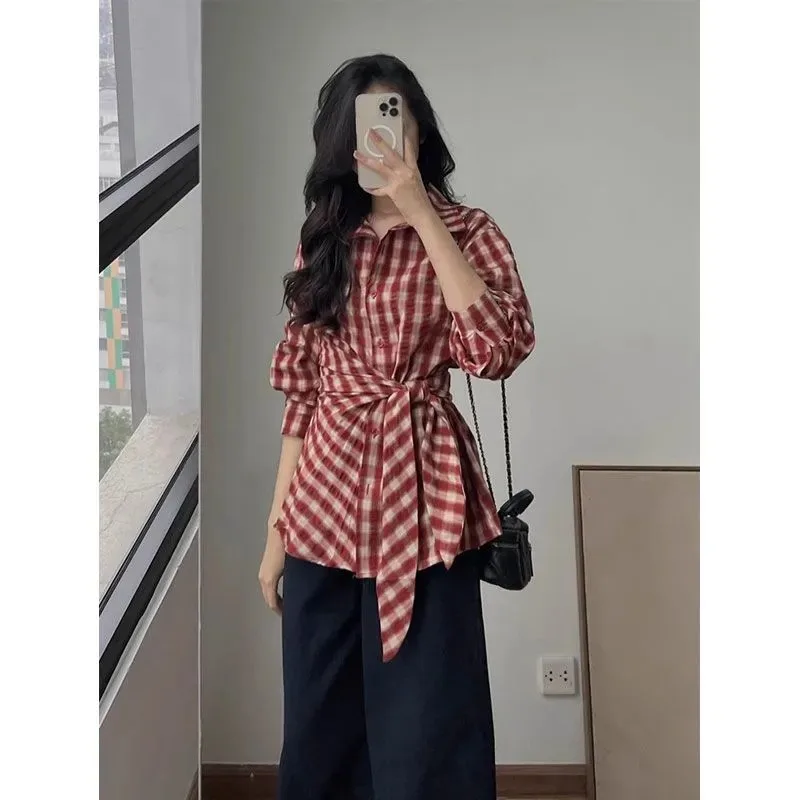 

Клетчатая рубашка с талией для женщин, весна-осень, новый темпераментный топ в стиле ретро с высокой талией и тонкими лацканами
