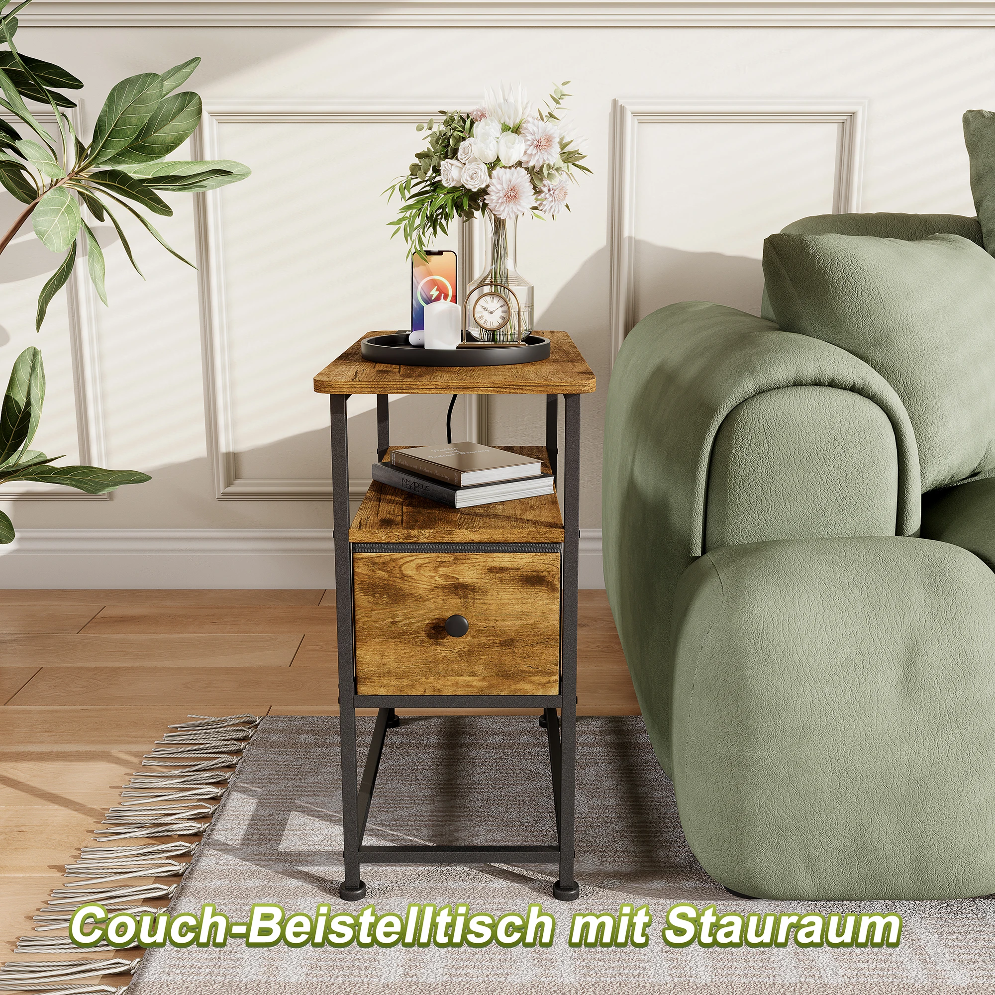 Table d'appoint simple Comanlai avec tiroir, table de salon, table de chevet pour chambre à coucher avec 2 prises AC et 2 ports USB