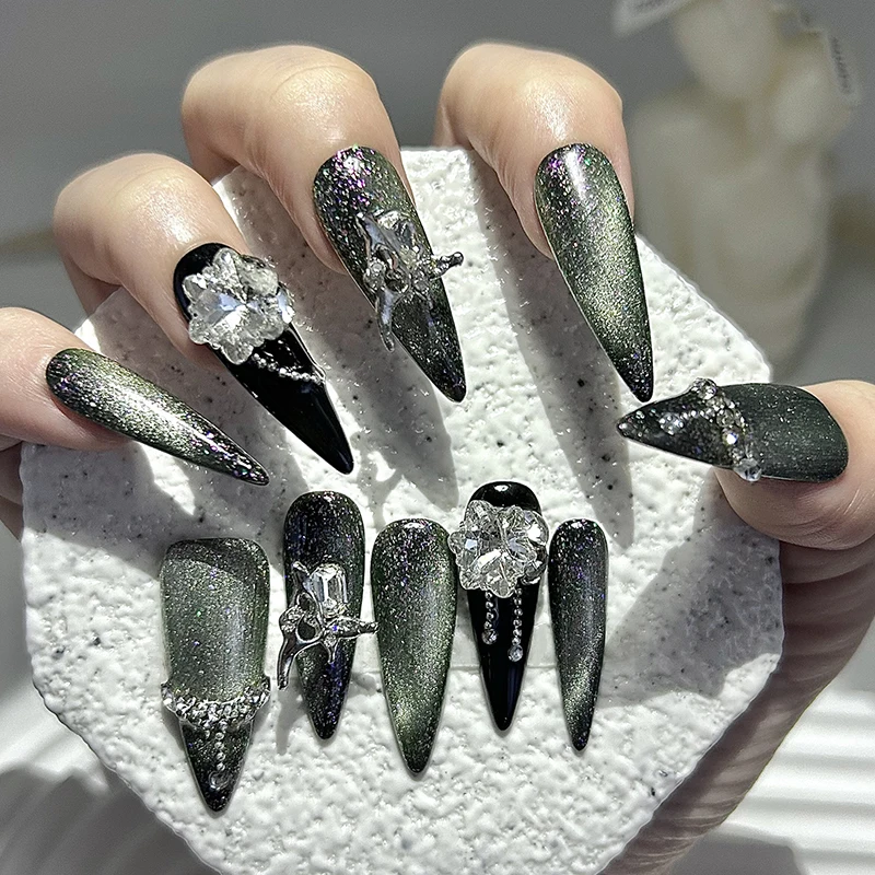 

10 Pieces Velvet Nail Gradient Glitter Cat Eye Handmade Press On Nails Snowflake Rhinestone Dark Fake Nails Removable Reusable