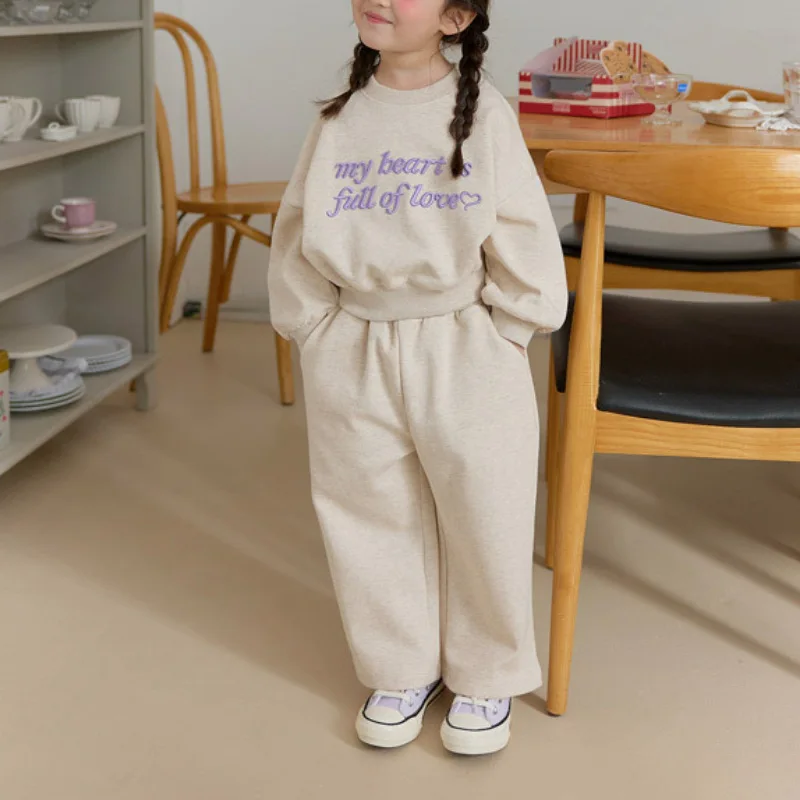 2025 Winter New Children Long Sleeve Clothes Set Boys Girls Letter Embroidery Sweatshirt + Pants 2pcs Suit Kids Fleece Warm Set