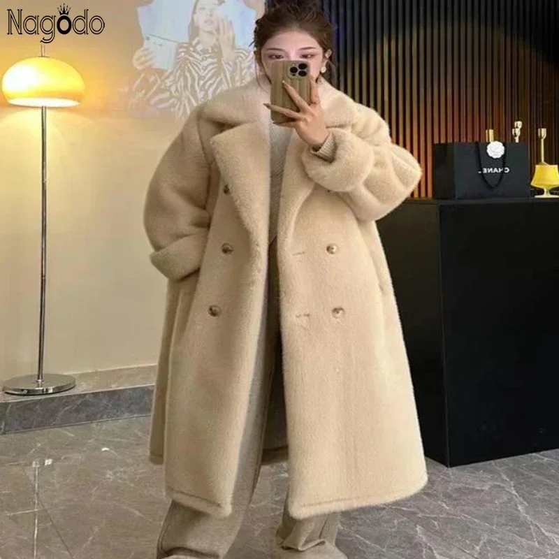 

Nagodo Winter Faux Fur Coat Women Thicken Warm Middle-Long Overcoats Femme Pockets Soft Mink Fur Padded Jacket Outwear Abrigos