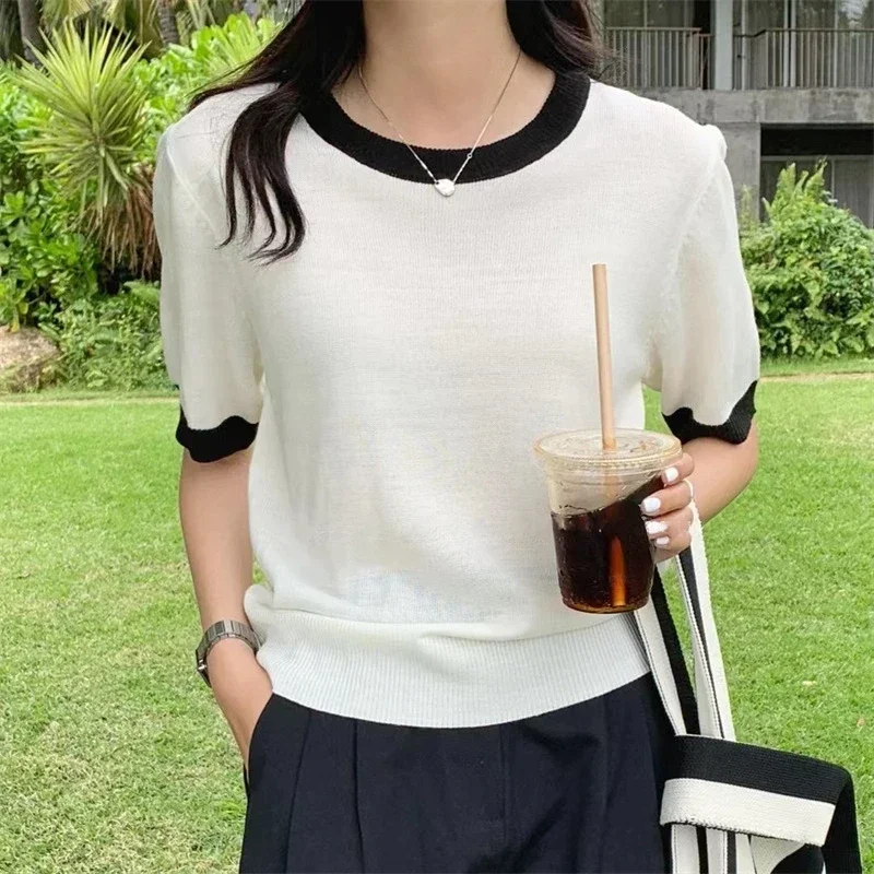 Ladies Short Sleeve Green Knitted T-shirt Women Summer Cute Multicolor Sweater Tshirt White Striped Knitwear Tee Shirt Knit Top