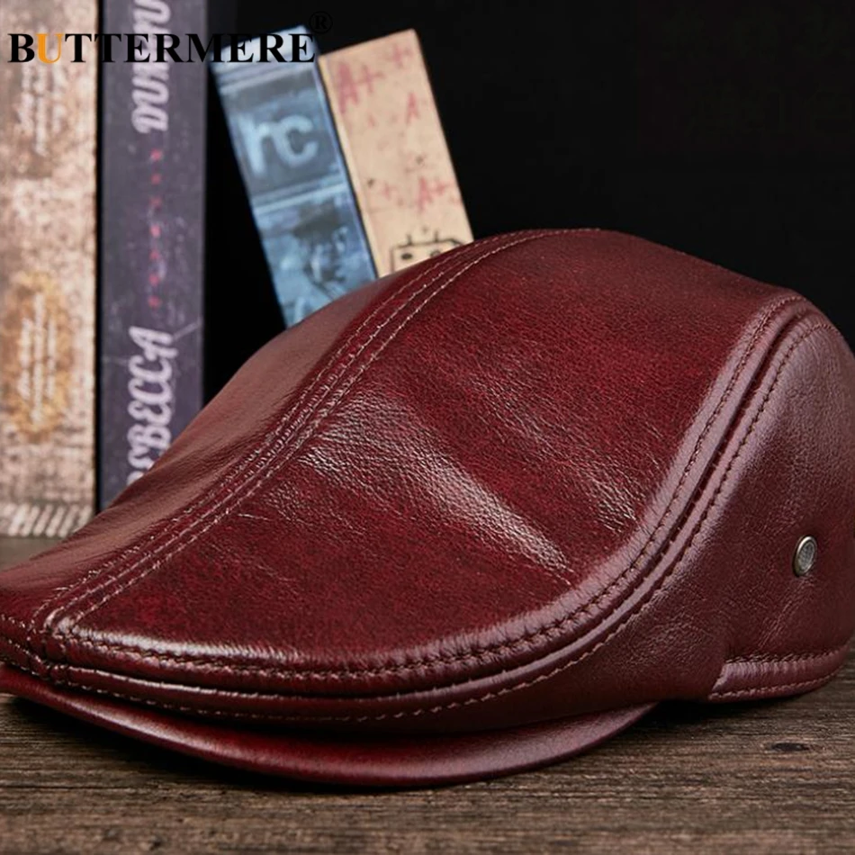 BUTTERMERE berretti piatti da uomo in vera pelle cappelli a becco d\'anatra berretti paraorecchie cappellini da uomo Casual neri cappellini da guida