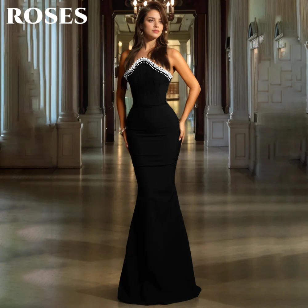 

ROSES Black Style Prom Dress Triangle Collar Backless Prom Gown with Pearls Satin Sleeveless Mermaid Evening Dresses Customized