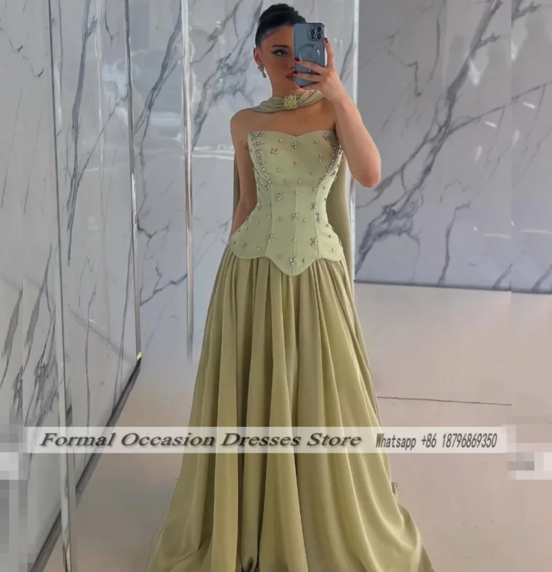 

Formal Sage Green Evening Dress With Scarf Crystals Robe De Soiree Elegant Party Dress For Women Prom Gowns Customized