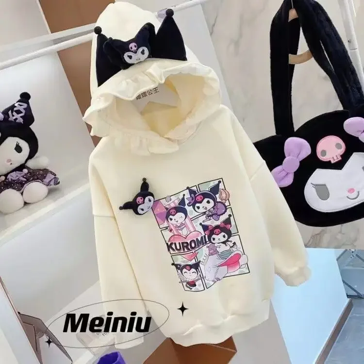 

Толстовка Sanrio для девочек, зимняя одежда Kuromi, новинка 2024, детские милые топы с капюшоном и героями мультфильмов, модные бархатные и утолщенные