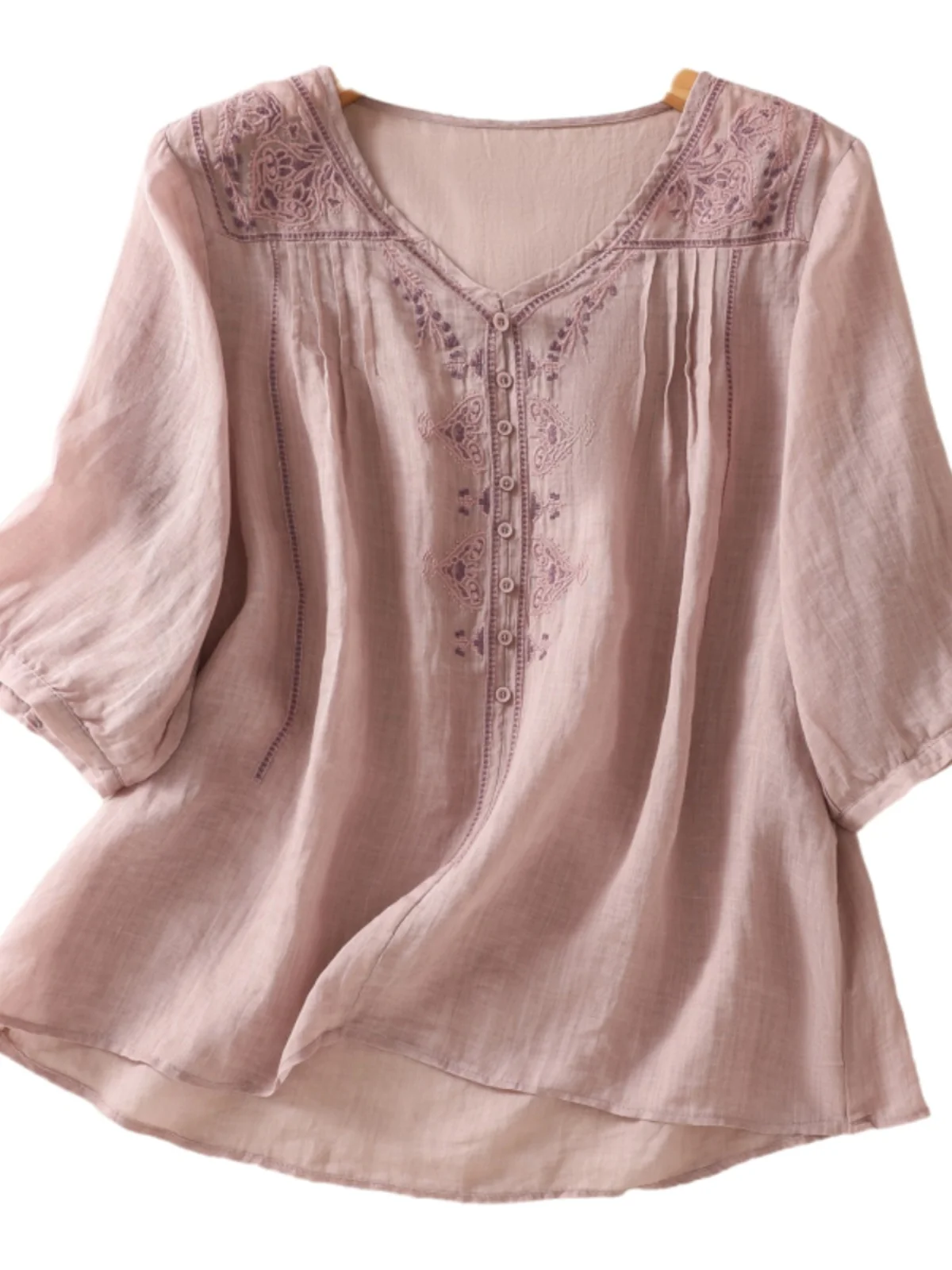 Rétro lourd broderie v-ne lin irt femmes été mince ample minceur coton lin ort Sve haut trajet Sle