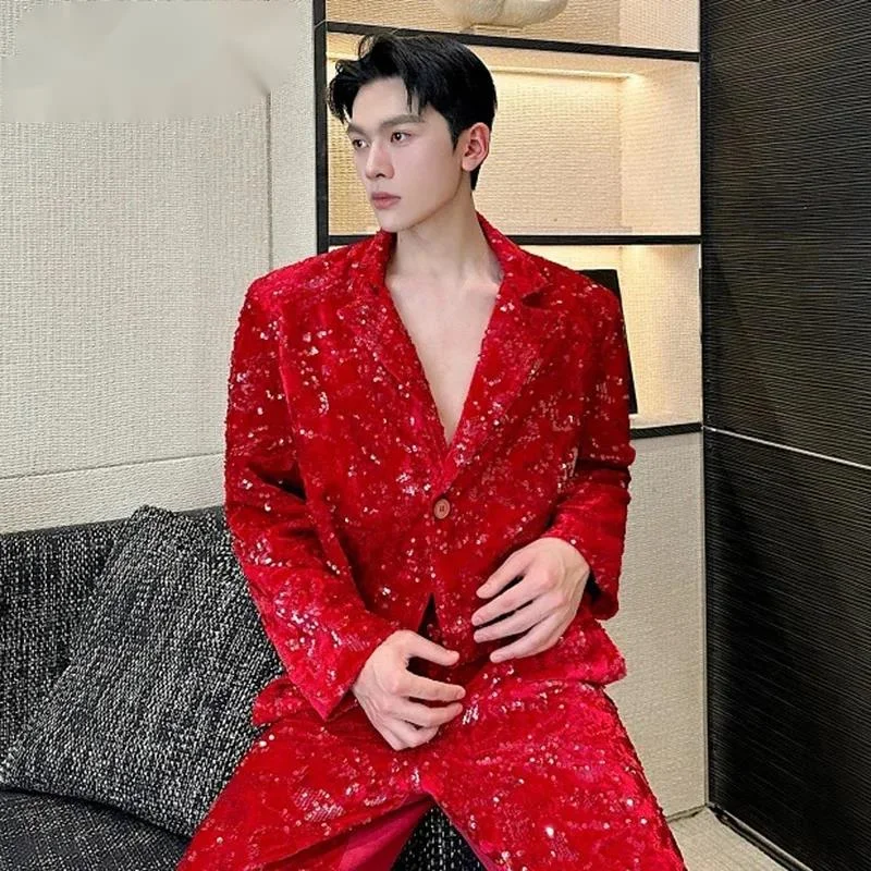 

New Stylish Men's Suit Jackets Lapel Solid Color Sequins Irregular Casual Single Button Niche Loose Male Blazers 9WH313
