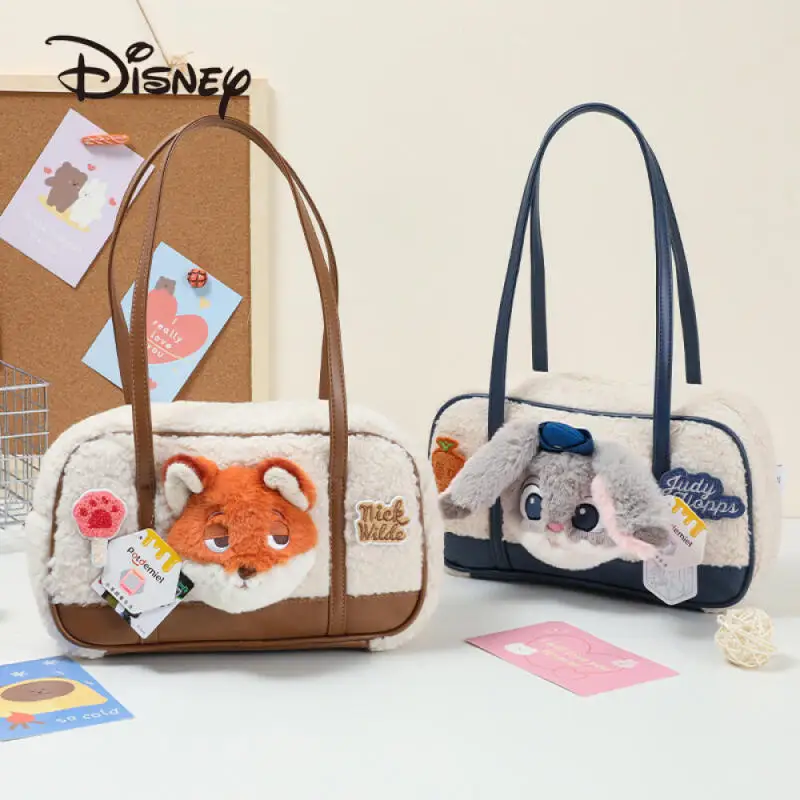 Nuevas llegadas de invierno, bolso de felpa para axila de Disney Zootopia, bolsos de moda informales para mujer, bolso de Material mixto de PU de felpa de dibujos animados de Nick Wilde