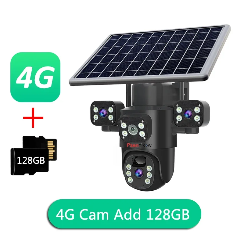 4K 6MP Security Outdoor Solar Camera 4G SIM/WIFI Three Lens Recording Humanoid Tracking Color Night Vision PIR Detect Camera