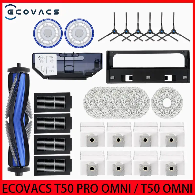 قطع غيار روبوت تنظيف ECOVACS T50 PRO OMNI/T50 PRO/T50 OMNI، فرشاة جانبية رئيسية، مناديل ممسحة، مرشحات HEPA، أكياس غبار، إكسسوارات