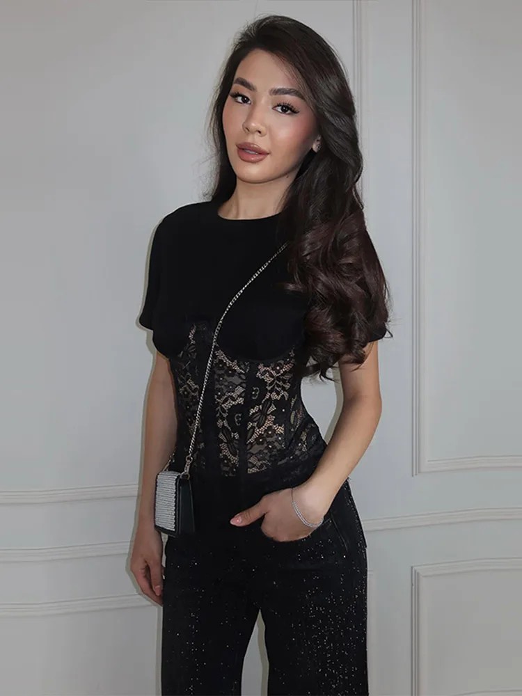 Fashion Floral Lace Fish-bone Patchwork Shirts Women Chic Short Sleeve O-neck Blouse 2026 Spring New Lady Y2K Party Tops Street