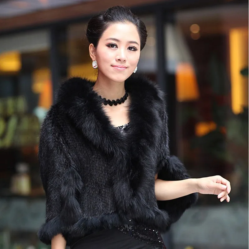 Luxury Ladies Autumn Winter Genuine Knitted Mink Fur Shawls Fox Fur Collar Women Fur Pashmina Wraps Bridal Cape Coat Jacket