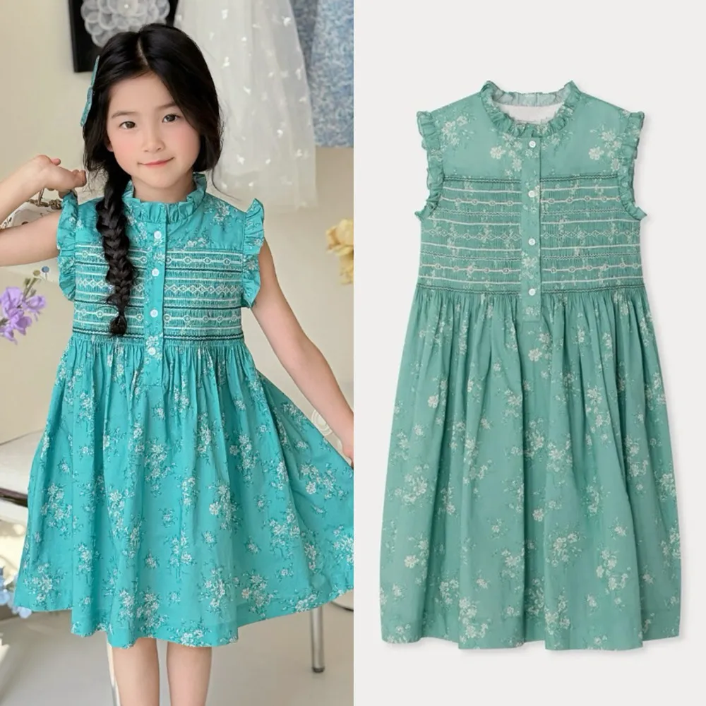Summer Dresses Baby Girl Clothes Kids Dresses Cherry Dress Hand-Embroidered and Printed Green Dress Flower Girl Dress
