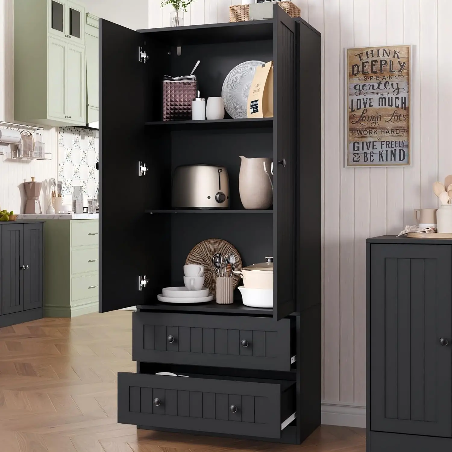 

65" H Pantry Cabinet, Small Pantry with 2 Doors, Farmhouse Kitchen Pantry with Adjustable Shelf, Floor Storage Cabinet for Dinin