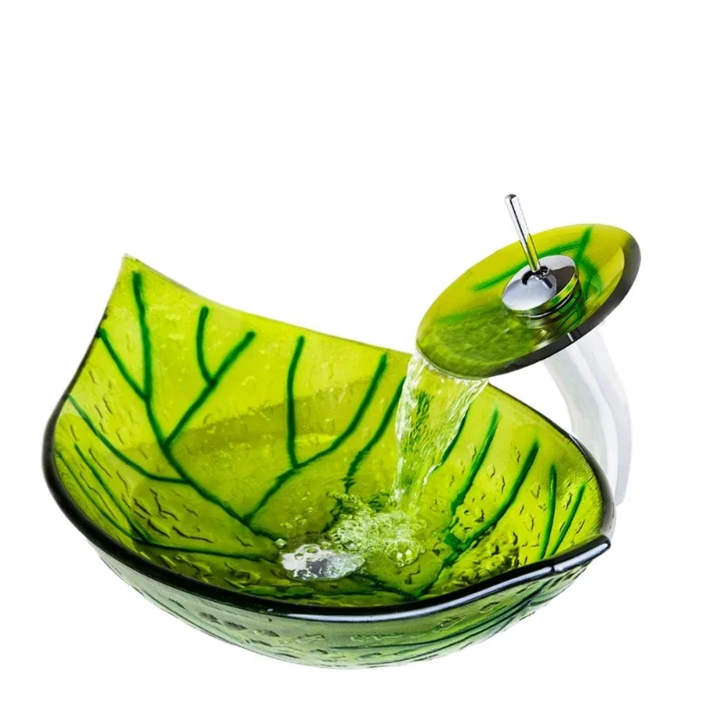 

Luxury Basin Sink Faucet Combo Green Shape Tempered Glass Vessel Sinks Vanity Gorgeous Basin Sink W/ Waterfall Faucet Sets