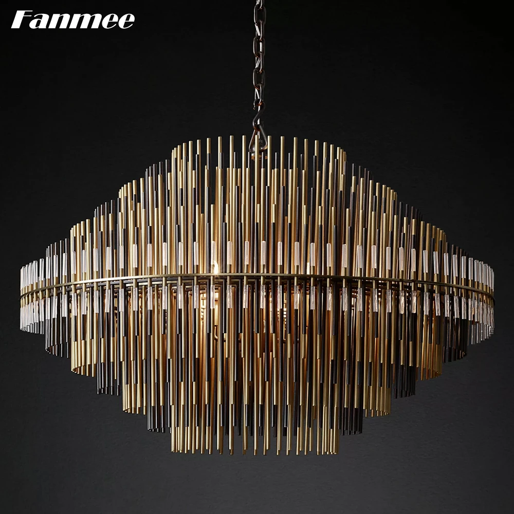 Traditional Glass Chandelier for Living Room Emile Round Brass Black Chandelier Lighting Clear Glass Rods Bedroom Lustre Lamps