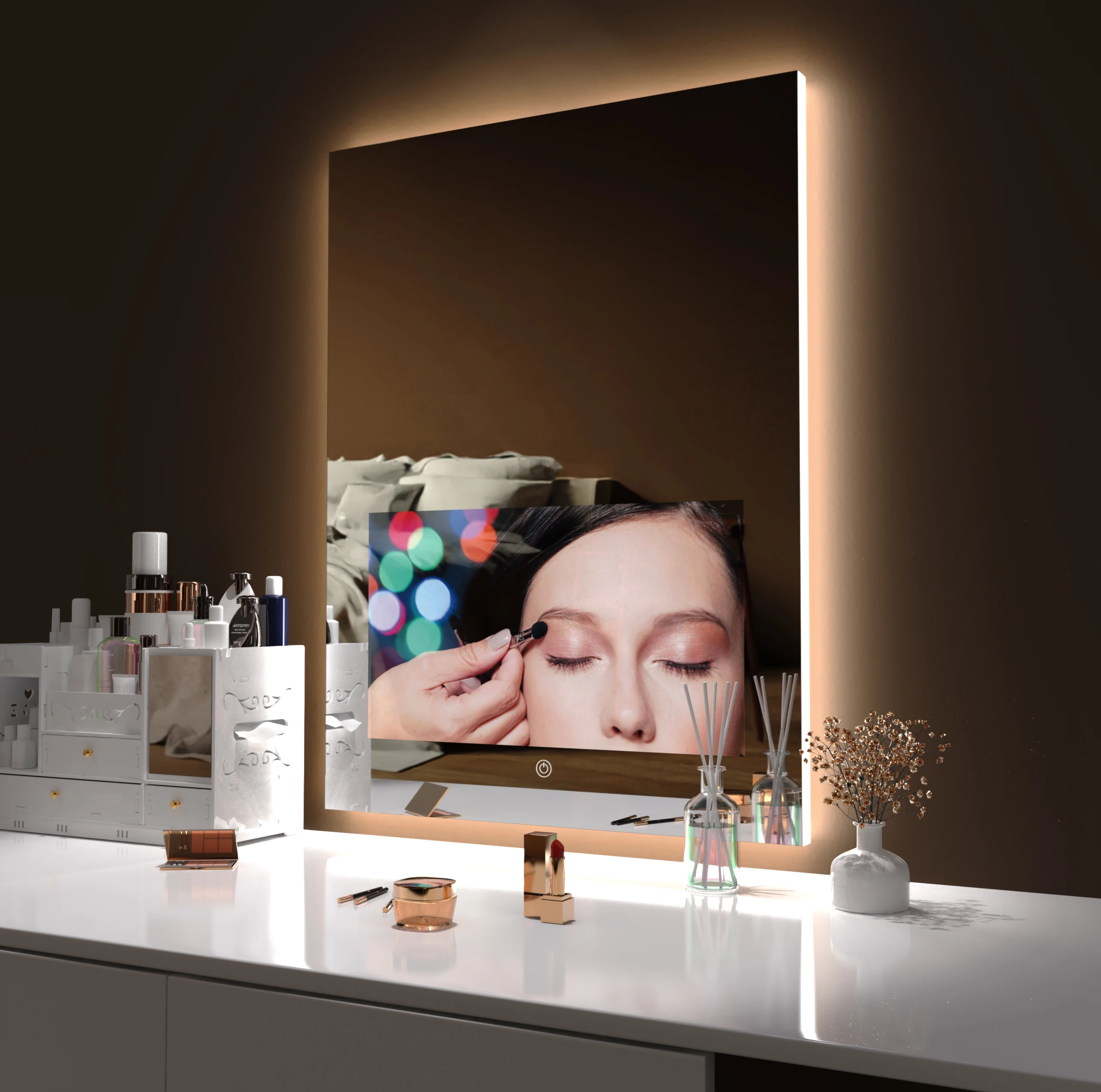 Lighted Mirror With TV In It Customized Size Tri-color Adjustable Light Ideal For Hotels And Kitchen Smart Mirror TV
