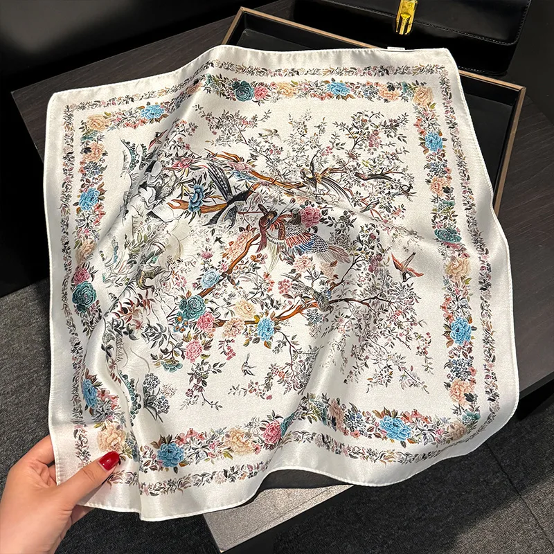 

100% Silk Scarves Woman Autumn Classic Bird Flower Print Square Scarf Handkerchief Neck Scarves Winter Woman Accessories