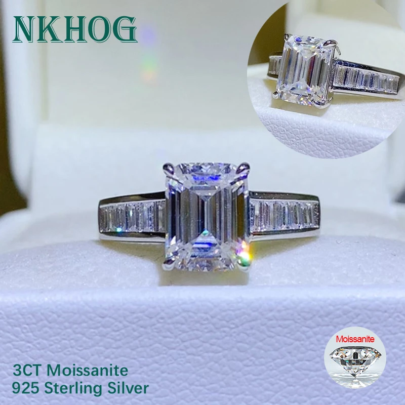 

NKHOG 3CT Moissanite Emerald Cut Ring Women S925 Sterling Silver 18K Gold Plated Engagement Wedding Band Fine Jewelry Gifts GRA