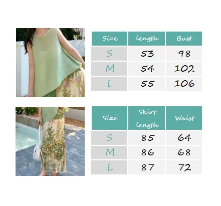 Sleeveless two-piece women's summer irregular round neck pleated loose sleeveless vest+high waist pleated tassel skirt suit