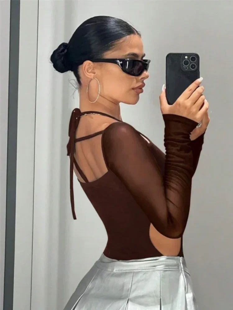 บอดี้สูทแขนยาวเปิดไหล่เว้าคอสูงแฟชั่นสาวเซ็กซี่สไตล์ยุโรปและอเมริกา