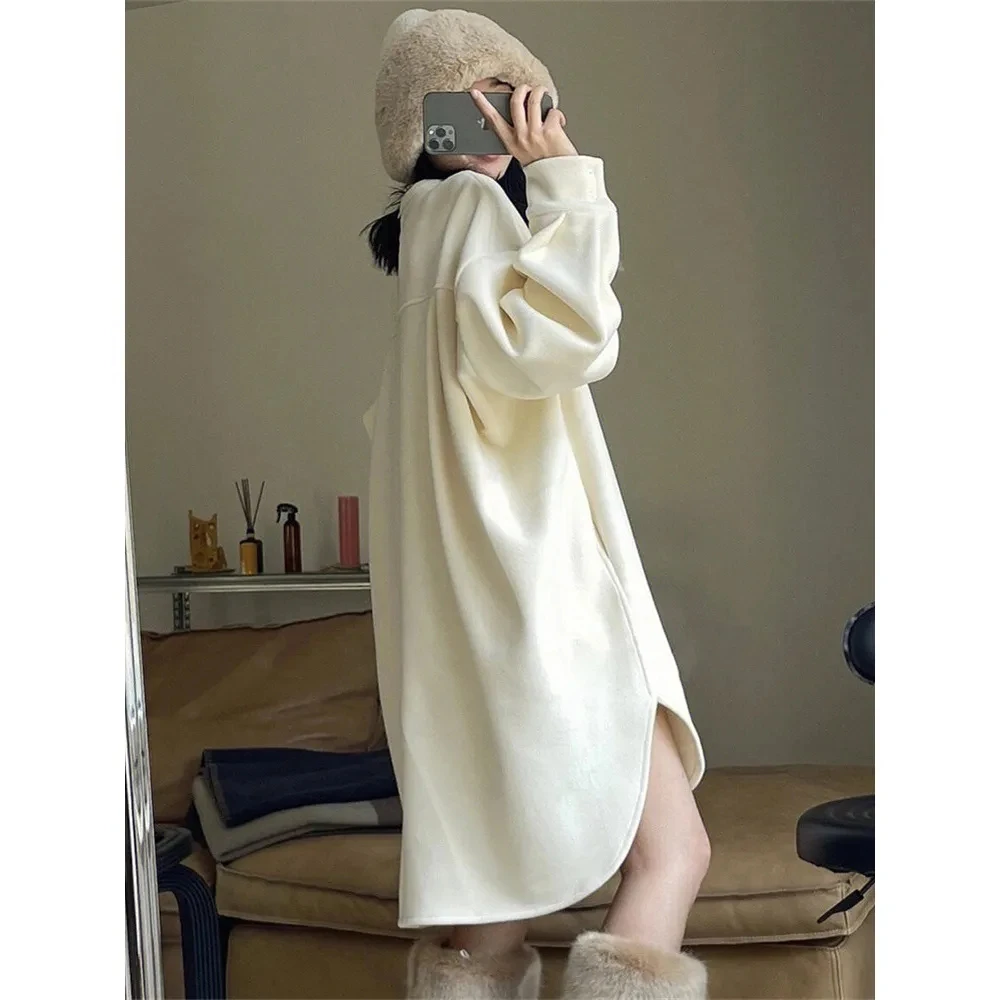 Plus Size 5XL 150kg Winter Fleece Dresses for Women Loose Waist O Collar Thick Warm Dresses