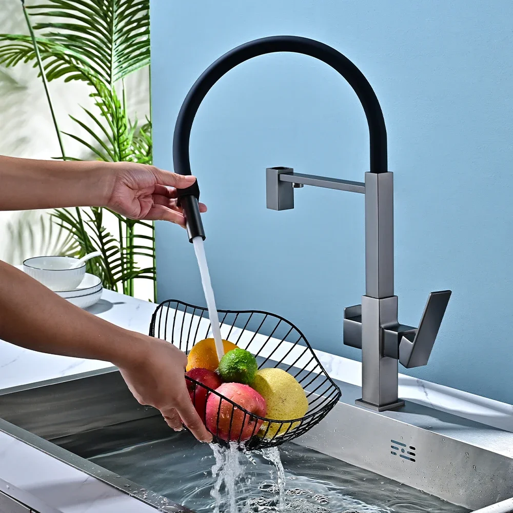 SKOWLL Brass Filter Water Kitchen Faucet Pull-out Rubber Outlet Pipe for Wash Basin Sprinkler Faucet Stainless Steel Rotatable K