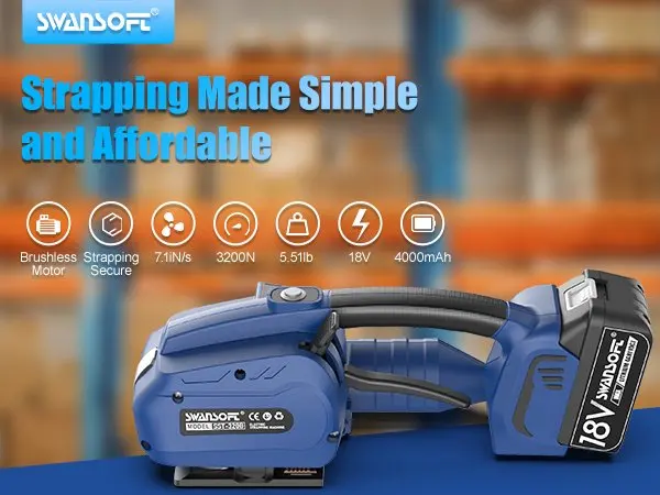 SWANSOFT 3200N Electric Strapping Tool Banding Machine for 0.51" - 0.63" PP/PET Straps Electric Strapping Machine 18V 2x4Ah Battery Powered Semi-automatic Banding Tool with Plastic Case
