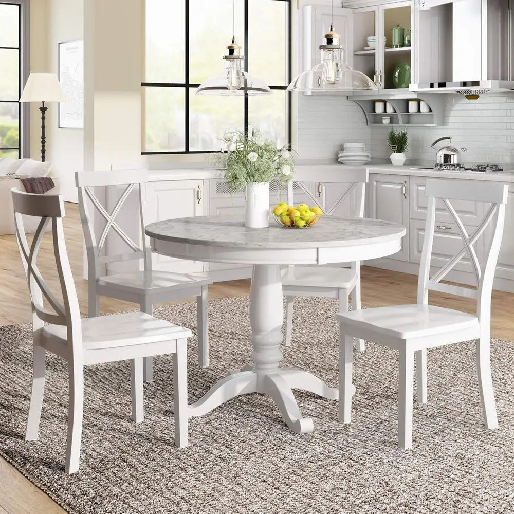 

5-Piece Round Dining Set with White Marble Table and Chairs for Small Spaces