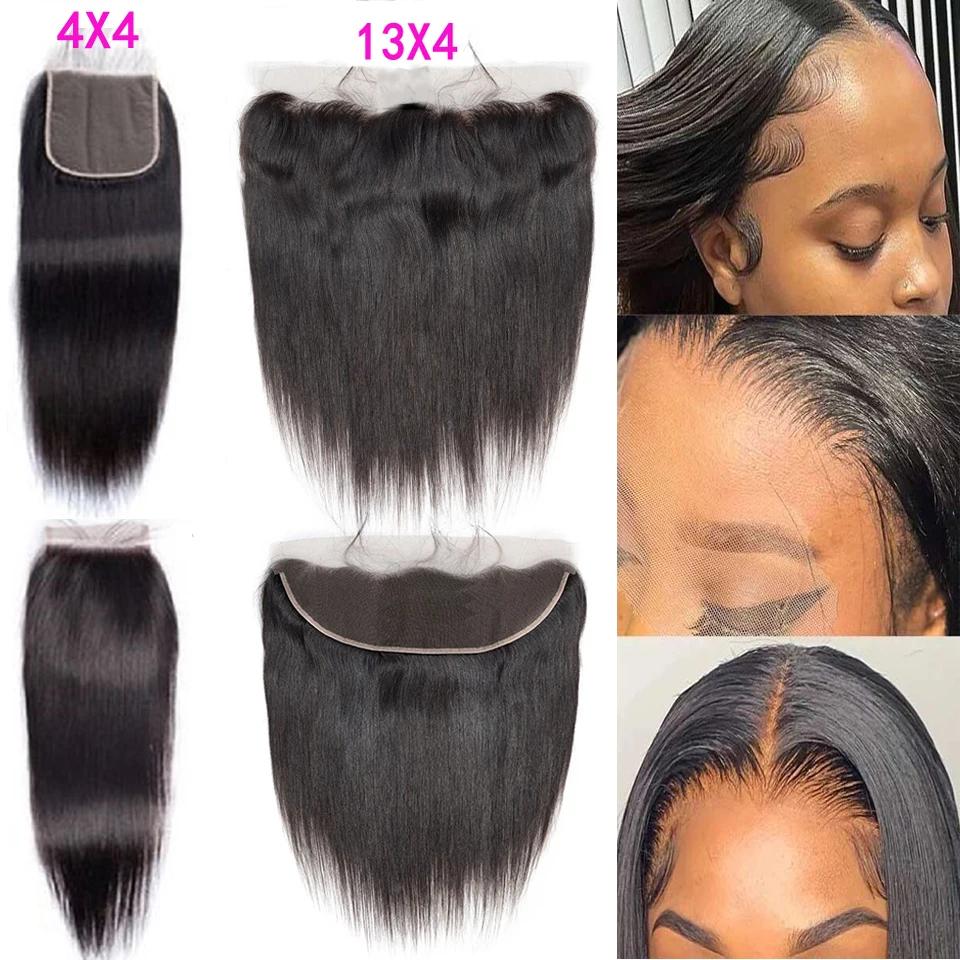 4x4 Transparent Lace Closure Straight Hair 13x4 Lace Frontal Natural Color Brazilian Remy Human Hair Pre Plucked 16 18 20inch